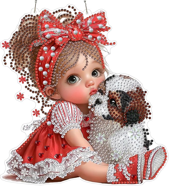 MXJSUA Diamond Art Hanging Kits for Adults Beginners, DIY Acrylic Special Shaped Crystal Diamond Gem Art Painting Hanging Ornament for Home Wall Decor and Gift (Girl and Dog)