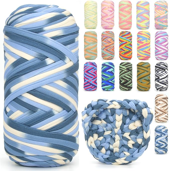 Tshirt Yarn for Crocheting,Rainbow T Shirt Chunky Elastic Fabric Thick T-Shirt Crochet Yarn for Beginners Crocheting Hand Knitting Bag/Basket/Coasters/DIY Crafts/Home Decor 200G-Blue White Tone