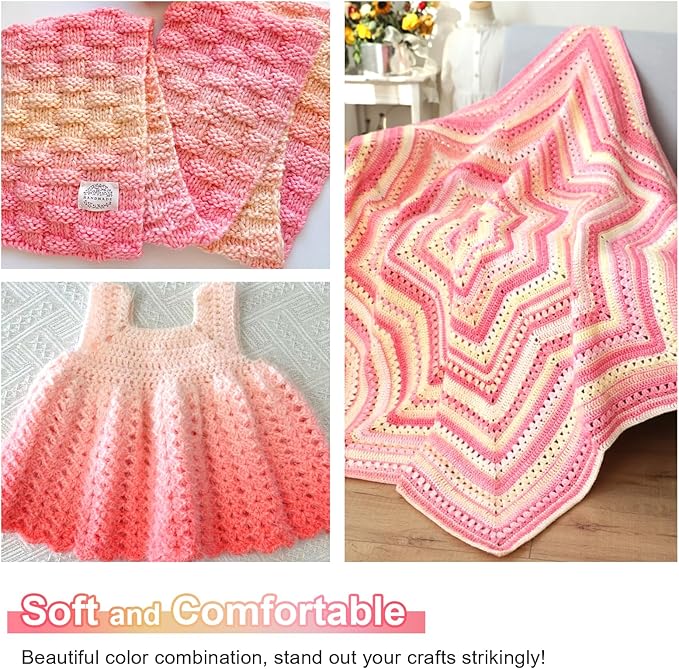 Aeelike Ombré Yarn for Crocheting, 3 Skeins Gradient Cake Yarn 100g (3.52 oz) 245m (267 Yards) # 3 Light Weight - Soft Yarns with Vibrant Colors for Making Blanket Scarves, Pink Yellow Gradient