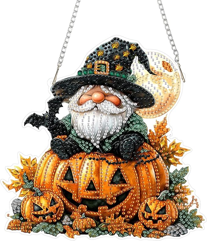 SENQAO Halloween Diamond Art Hanging Kits for Adults Beginners, DIY Acrylic 5D Special Shaped Crystal Diamond Gem Art Painting Hanging Ornament for Home Wall Decor and Gift（Gnome Pumpkin Bat）