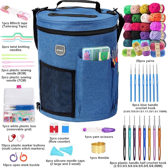 MIAOKE 79pc Crochet Kit, Large Knitting Bag Yarn Storage Organizer, Crocheting Starter Kits with Waterproof Bag, Beginner Knitting Accessories Set, for Beginners Adults Travel Crochet Supplies