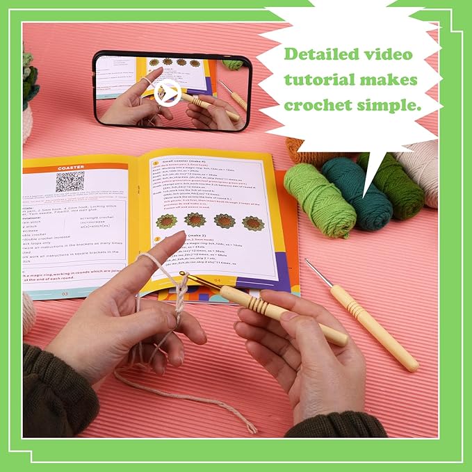 FTEVEN Crochet Kit for Beginners, 6PCS Coasters Crochet Starter Kit Plant Pot, Knitting Supplies Kit with Step-by-Step Video Tutorials, Crochet Yarn for Adults DIY Present