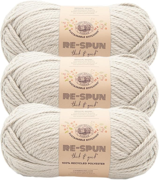 Lion Brand Yarn, Re-Spun Thick & Quick Super Bulky Yarn for Knitting, Crochet, and Crafts, Pumice Stone, 3 Pack, Soft Fiber for Chunky Blankets, Bulky Throws, and Cozy Sweaters