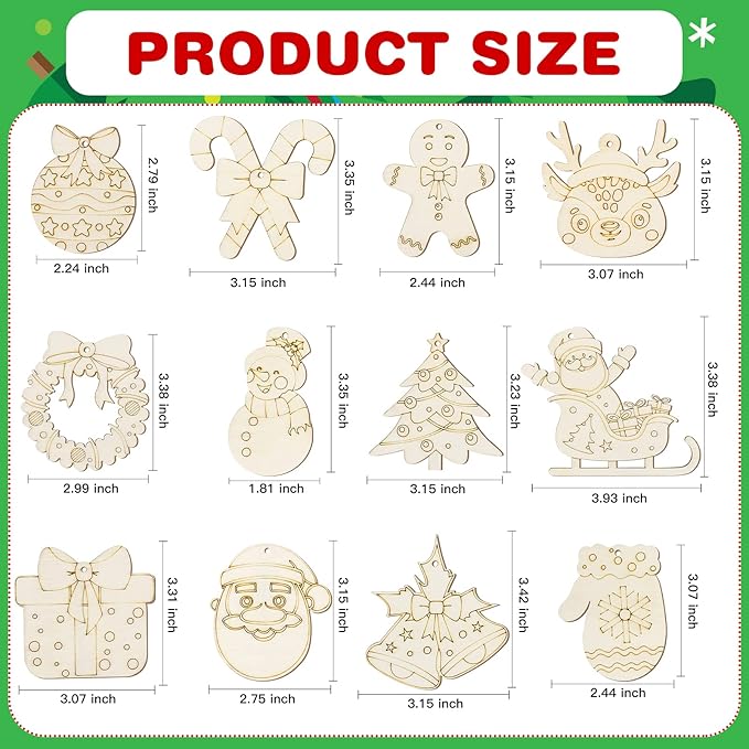 MGparty 60Pcs DIY Wood Slices, Wooden Christmas Ornaments Bulk for Crafts, Unfinished Paintable Wooden Hanging Decorations, Wood Kit for Crafts with 12 Coloured Pens and 60 Jingle Bells