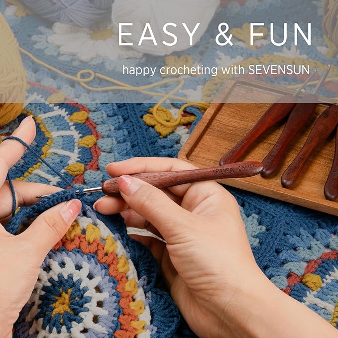 SEVENSUN Mimosa 1.4mm Single Crochet Hook, Available in 0.6mm-6.5mm, Ergonomic Hand Polished Stainless Steel Inline Pointy Wood Handle Crochet Hook for Arthritic Hands