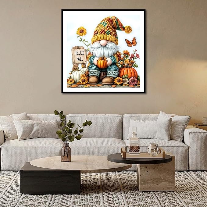 DIYDECORFUN Gnome Diamond Art Kits for Adults, Hello Fall Diamond Painting Kit for Beginners,DIY 5D Full Round Drills Autumn Pumpkin Diamond Dot Gem Art Crafts for Home Wall Decor 14x14IN