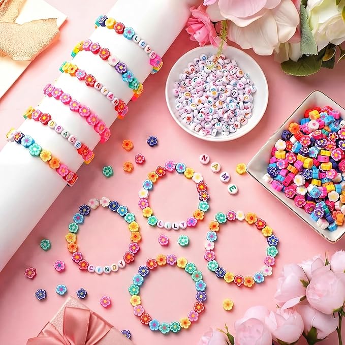 Highergo 1200 Pcs Flower Beads Bracelets Stackable Rainbow DIY Beads with 944 Inch Elastic Cord for Jewelry Bracelet Earring Necklace Craft Making Supplies