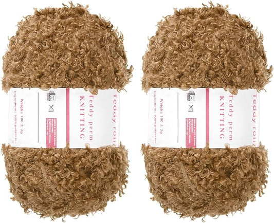 MECCANIXITY 2 Skeins Fur Yarn Soft Fluffy Chunky Yarn Fuzzy Eyelash Yarn Brown for Crocheting Knit Clothes Bag - 55Yard/50m, 3.7ozx2