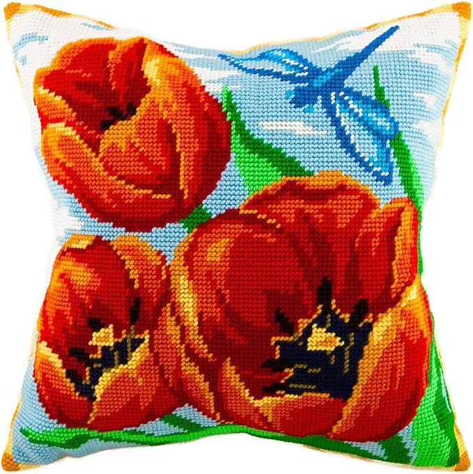 Brvsk Floral Embroidery Kit for Adults and Beginners — Red Tulips 16″ × 16″ with Clear, Precise Printed Design on Cotton Canvas; Includes 2 Needles, Yarn, and Easy-Read Chart