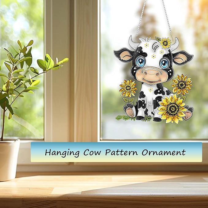 Yunzlly Hanging Diamond Art Ornament Double Sided Kit Smile Cow, Special Crystal Diamonds Painting Pendant for Adults, DIY Acrylic Gem Painting Board Kit