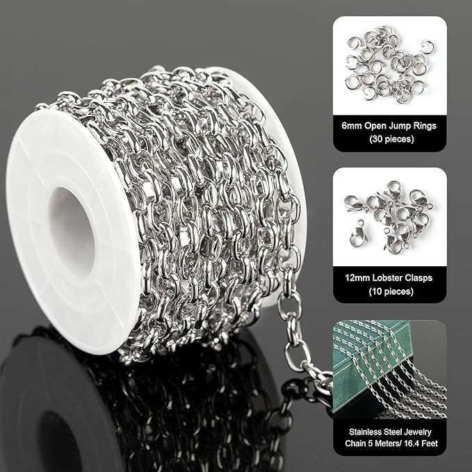 UMAOKANG 16.4 Feet Stainless Steel Jewelry Making Chain Oval Chains Bulk with Jewelry Findings Men and Women Necklace DIY