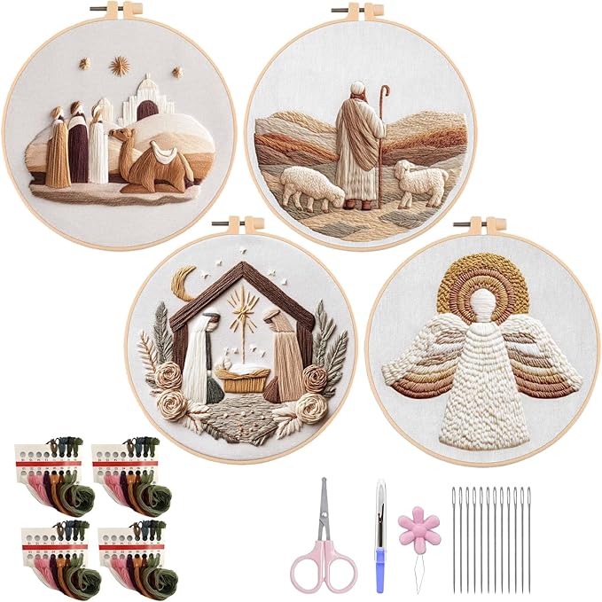 Nativity Embroidery Kit for Adults, Pre-Stamped Pattern Embroidery Kit for Beginners, DIY Hand Needlepoint Starter Kit with Hoop Thread Needle Instruction, 7.87'' Hoop (Nativity 4 Packs)