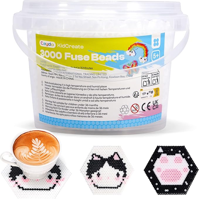 Caydo 3000PCS 5mm White Fuse Beads, Bucket Pack,Safe Iron Beads Crafts Kit for Kids DIY Pixel Art, Parent-Child Interaction, Holiday Gifts, School Projects