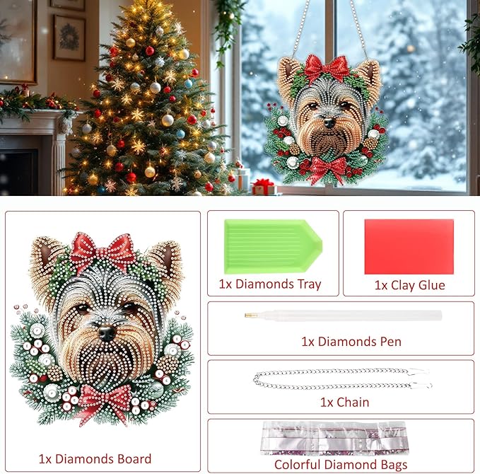 SENQAO Golden Retriever Diamond Art Hanging Kits for Adults Kids, Christmas Diamond Art Suncatchers, 5D Special Shape Diamond Painting Pendant Window Ornament Gifts for Home Garden Door Wall Decor
