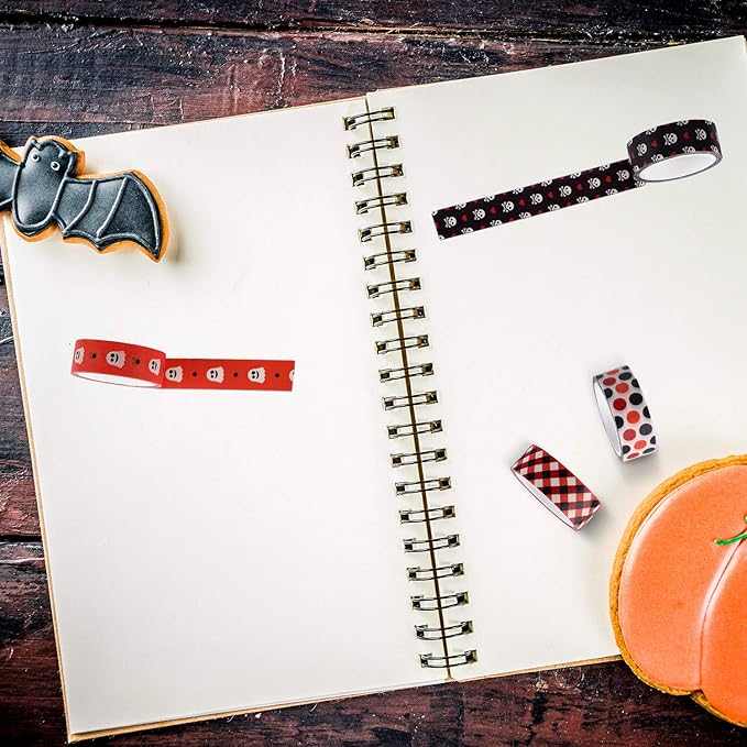 12 Rolls Washi Tape with Bat Ghost Bones Patterns - DIY Halloween Tape Wrappings Kits for Festivals & Decorations