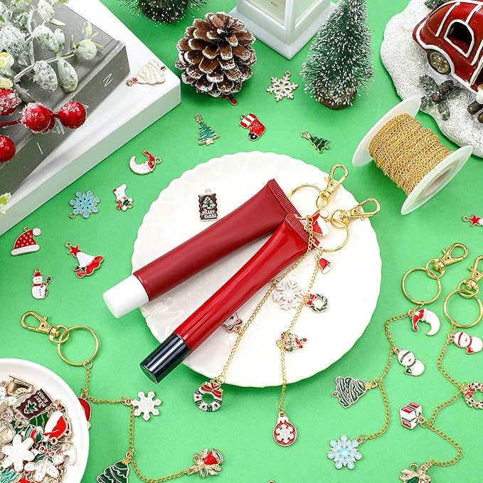 VioraWhite 213 Pcs Christmas Theme Lip Gloss Keychain Making Kit 100 Pink Enamel Charms 32.81 ft Gold Chains for DIY Crafts Women