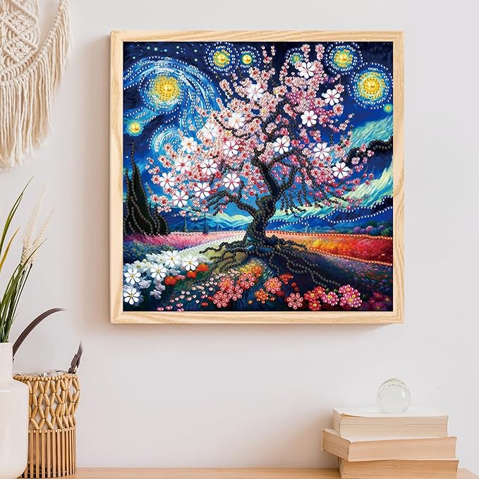 AiYuanzsh 5D Special Shape Diamond Art Kits for Adults, Cherry Blossom Tree Diamond Painting Kit, Starry Sky Style Crystal Rhinestone Diamond Art for Wall Decor Gift, 12×12 Inch