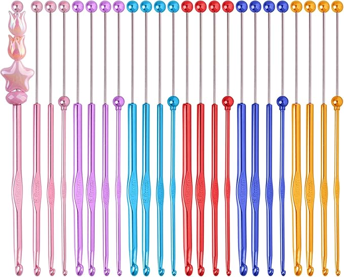 Framendino, 24 Pack Beadable Crochet Hooks 3 mm 4 mm 5 mm 6 mm Aluminum Knitting Needles Set for Crocheting Yarn 6 Colors