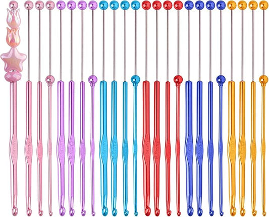 Framendino, 24 Pack Beadable Crochet Hooks 3 mm 4 mm 5 mm 6 mm Aluminum Knitting Needles Set for Crocheting Yarn 6 Colors