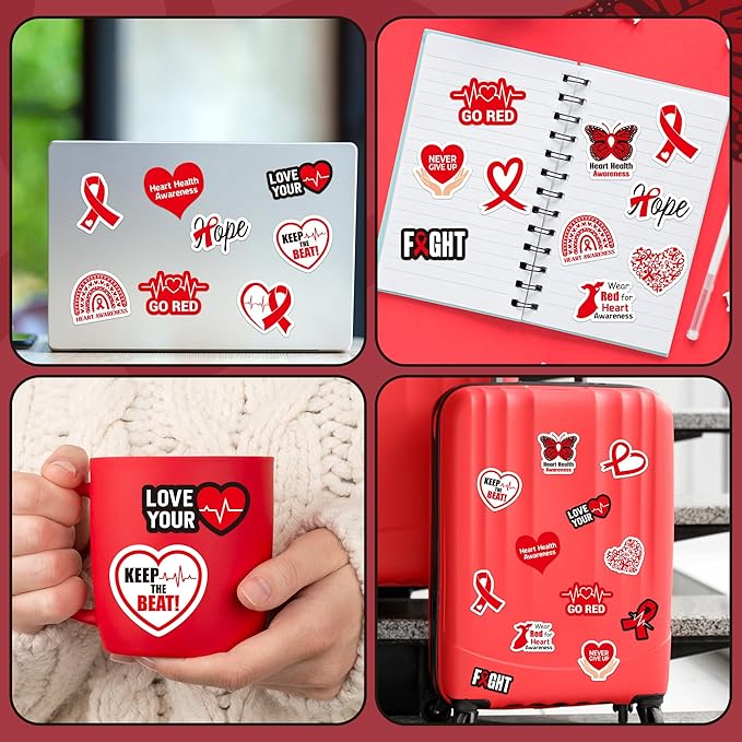 beyumi heart health awareness stickers - 1000pcs heart health awareness stickers in 2 rolls waterproof vinyl red ribbon decals school event campaign laptop bottle luggage decor