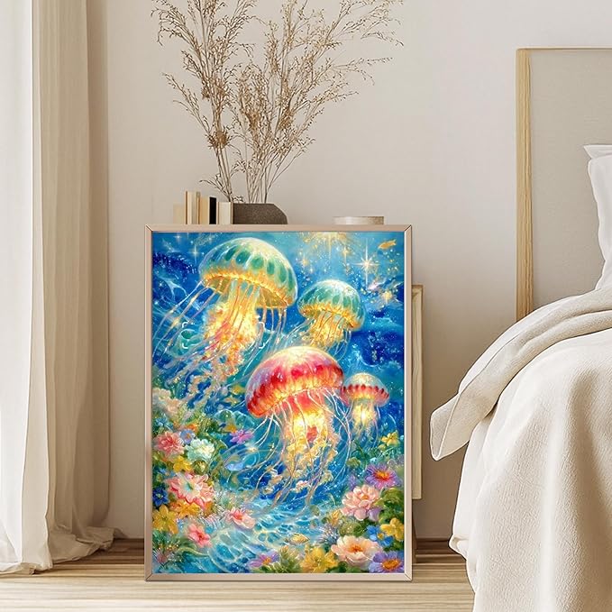 GEEHEIY Jellyfish Diamond Art Kits for Adults, 5D Diamond Painting Kits for Beginner, DIY Full Drill Round Gem Art for Home Wall Decor 12 x16 Inch
