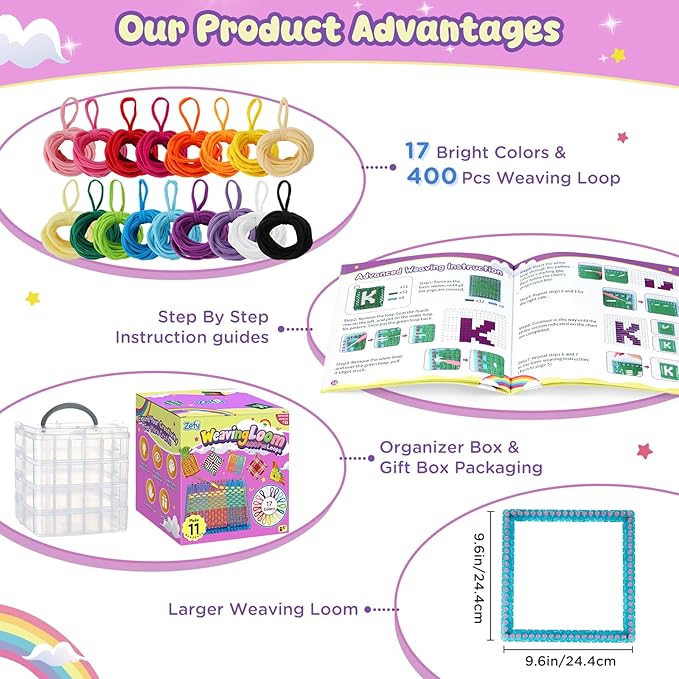 Zefy 400 Pcs Weaving Loom Kit Toys, 17 Colors Loom Loops with 11 PCs Wooden Rings, Rainbow Loops Making Potholder Loom Knitting Crafts Easter Gifts for Kids Girls Adults