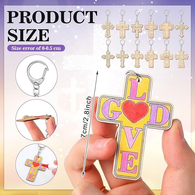 Trnayi 36 Pcs Religious Cross DIY Wooden Keychain Crafts Color Your Own Cross Wood Keychains Unfinished Sunday School Christian Gifts Blank Love God Kits for Art Easter Party Home Activities