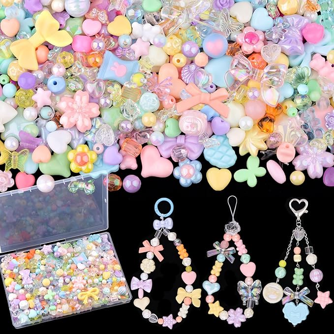 200-260PCS TINKRSTUFF Assorted Acrylic Beads Macaroon Cute Beads for Bracelet Making, Bow Aesthetic Flower Butterfly GummyBear Kawaii Charms for Jewelry Necklace Making DIY Keychain Phone Charm