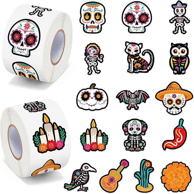 beyumi sugar skull roll stickers - 1000pcs day of the dead stickers in 2 rolls dia de los muertos sugar skull waterproof vinyl decals halloween mexican festival party supplies classroom decor
