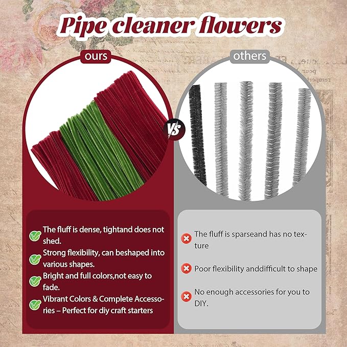 300 Pcs Thick Pipe Cleaners,Craft Supplies Floral Bonquet,DIY Flower Making Kit for Starter with Floral Wires, Gardening Tape,Stamen (RED+Green)