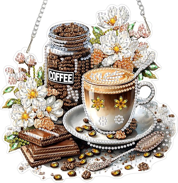 NEWENMO Hanging Diamond Art Kit for Adult, Coffee Cup, 5D Special Shaped Rhinestone Diamond Painting Ornament, Coffee Lover, DIY Acrylic Diamond Art Painting Window Pendants Home Garden Wall Decor
