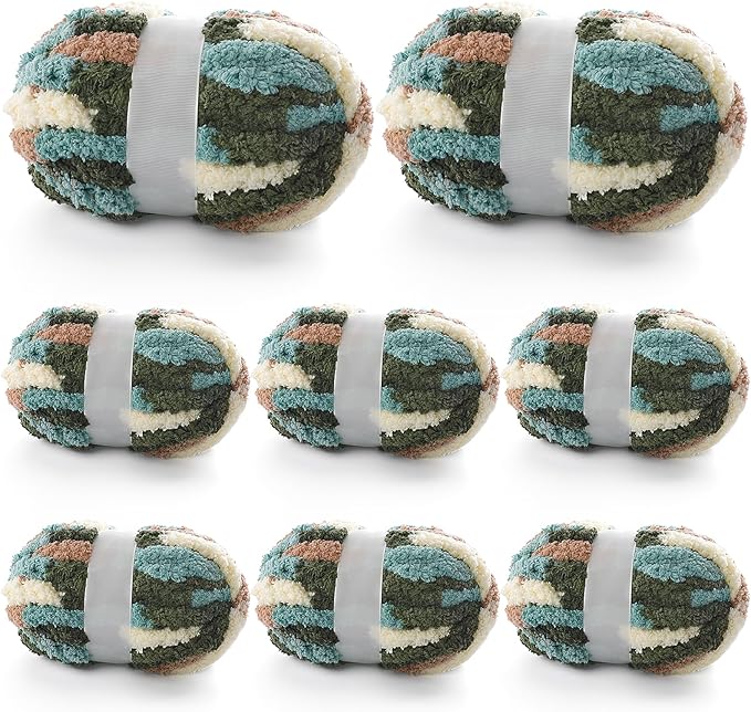 8 Pcs Chunky Yarn for Hand Knitting - Chunky Chenille Yarn for Crocheting - Fluffy Yarn for Crochet - Jumbo Yarn for Hand Knitting 200 yds 61.6 oz of Super Bulky Yarn (Green-White-Curry)
