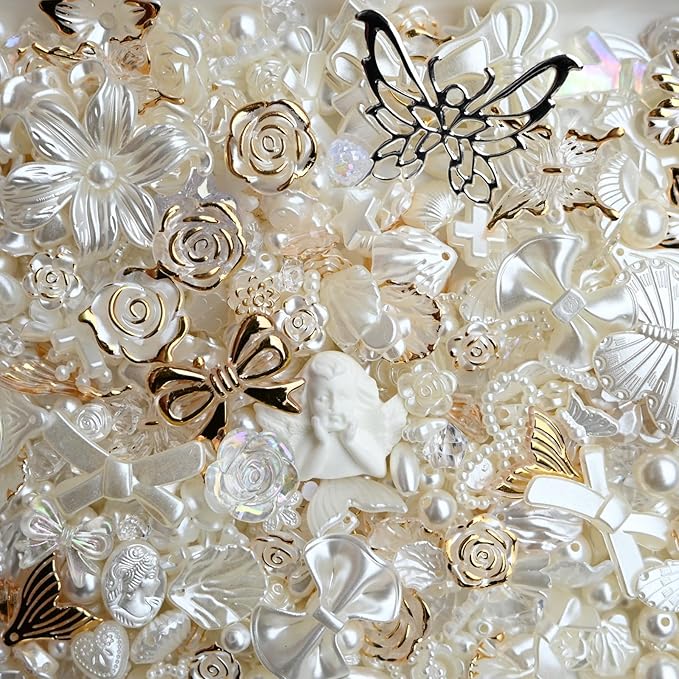 Baroque Pearl Beads for Junk Case Charms Kit,Assorted Aesthetic Y2K Beads with Holes, Vintage Relief Flower Bow Angel Charms for DIY Phone Charms, Bracelet Jewelry Making Decor Supplies, White & Gold