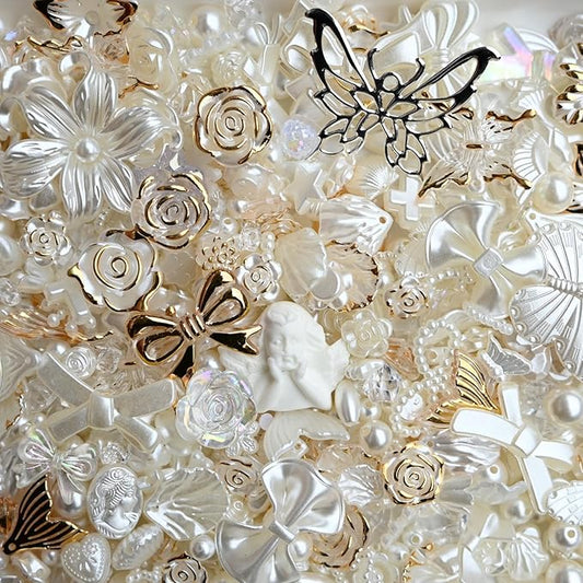Baroque Pearl Beads for Junk Case Charms Kit,Assorted Aesthetic Y2K Beads with Holes, Vintage Relief Flower Bow Angel Charms for DIY Phone Charms, Bracelet Jewelry Making Decor Supplies, White & Gold