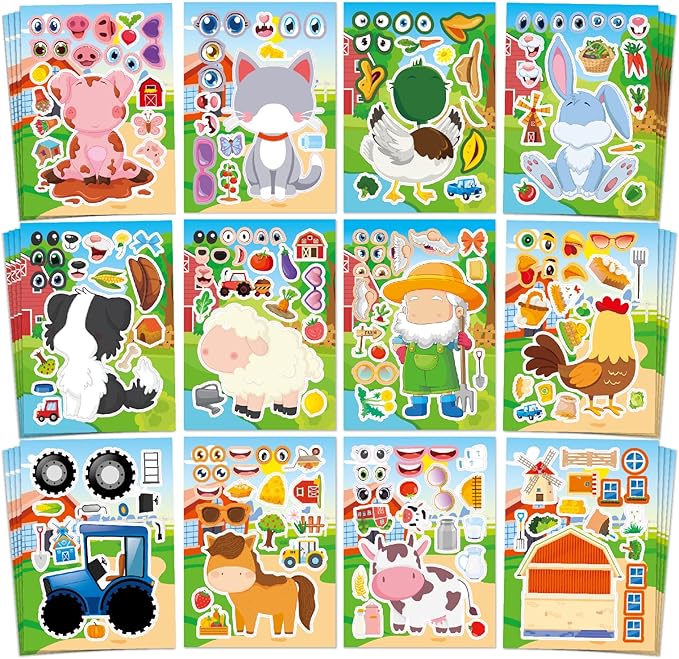 aowplc 48 sheets farm animal make‑a‑face stickers for kids & toddlers – 12 unique mix‑and‑match designs – farm party favors, birthday supplies, activities & crafts
