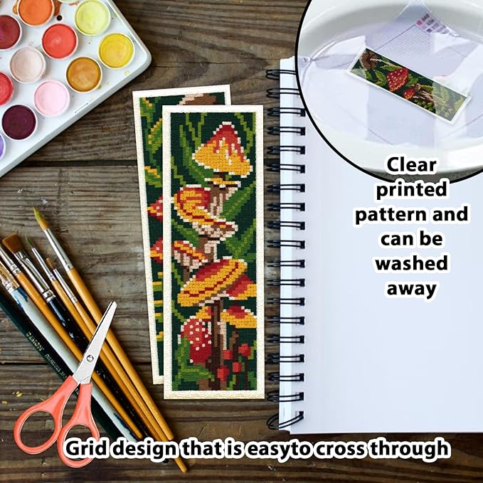 ORIGACH 6 Pcs Cross Stitch Bookmark Kit for Beginner with Backing Felt Floss Instruction Mushroom Plants DIY Stamped Embroidery Bookmark Kit for Starter Adults Book Lovers