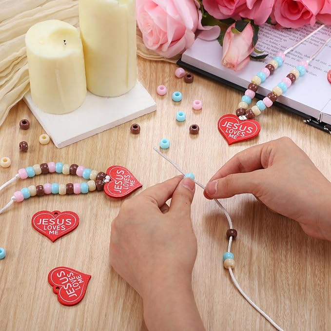 Ferreve 24 Sets Easter Boho Religious Beaded Necklace Crafts Kit DIY Jesus Loves Me Heart Bead Craft Bible Christian Necklace Making Kit Bulk for Easter Sunday School Vbs Gifts