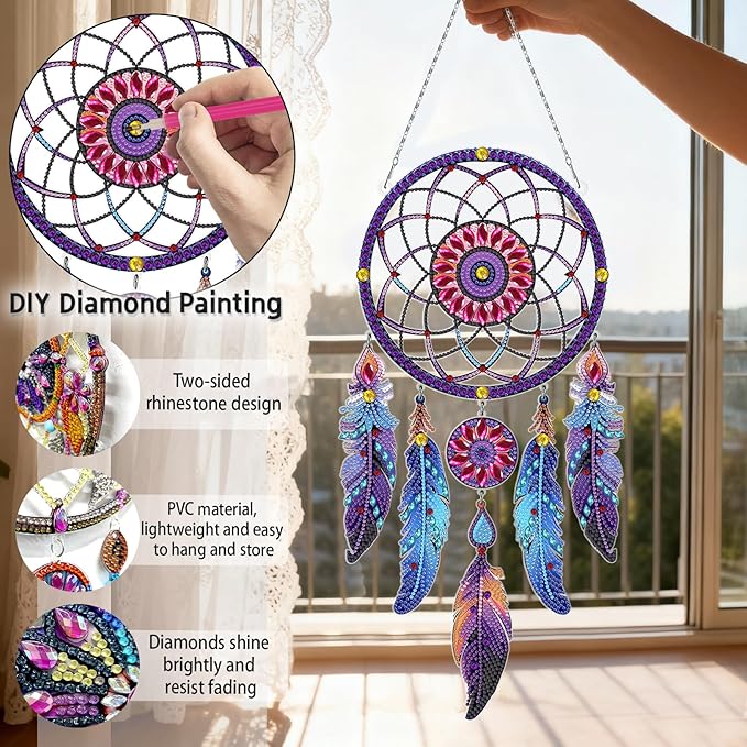 Diamond Dream Catchers Kit, Hanging Diamond Art, DIY Kit for Home Wall & Window Decor, Handmade Craft for Room Decoration (Dream)