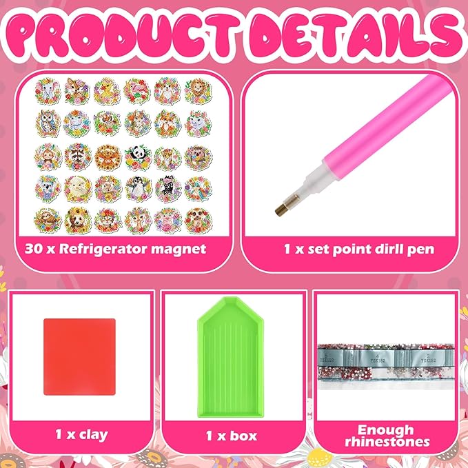 Xuhal 30 Pcs Spring Animal Diamond Painting Magnet Flower Animal Diamond Art Magnet Kits for Adults Floral Wreath Elephant Refrigerator Magnetic Sticker 5D Rhinestone Fridge Sticker for DIY Craft Gift