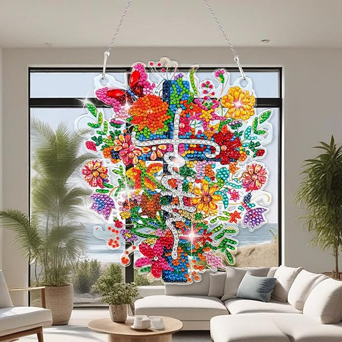 Diamond Art Hanging Kit for Adult, Painting Hanging Ornament Kit, Special Shaped Rhinestone,DIY Acrylic 5D Diamond Art Window Pendants Home Garden Wall Kits Hanging,Double Sided (Latin Cross)