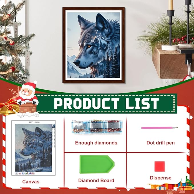 EMIEAUFG Christmas Diamond Art Kits for Adults, Christmas Wolf Diamond Paiting Kit for Beginners, 5D DIY Round Full Drill Craft Diamond Dot Gem Art, Home Wall Decor 12" x 16"