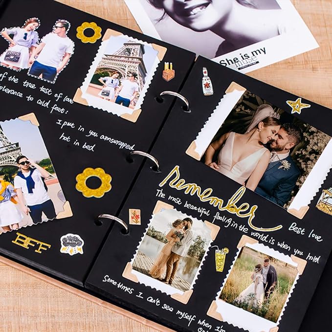 Vienrose DIY Scrapbook Photo Album Kit with Pens Tapes and Stickers 60 Pages Hardcover 8.5x11 Inches 3 Rings Removable Black Paper Scrapbooking for Lover Friends Kids Wedding Blue