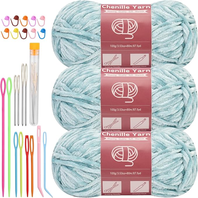 LUNARM Chenille Yarn for Crocheting Knitting, 3 Skein 263 Yard Thick Soft Chunky Fluffy Weaving Plush Yarn for Blankets Clothes Pattern Creations with Big Eye Needles (Light Green)