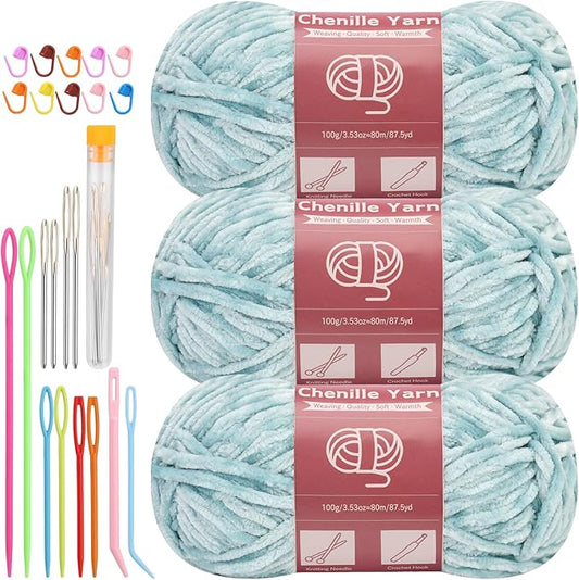 LUNARM Chenille Yarn for Crocheting Knitting, 3 Skein 263 Yard Thick Soft Chunky Fluffy Weaving Plush Yarn for Blankets Clothes Pattern Creations with Big Eye Needles (Light Green)