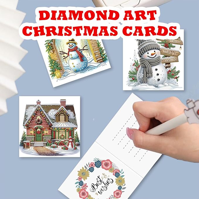 YOKUSHI 12 PCS Diamond Art Painting Christmas Greeting Cards with Envelopes, Snowman Craft DIY Card Making Kits for Adults Gifts (White)