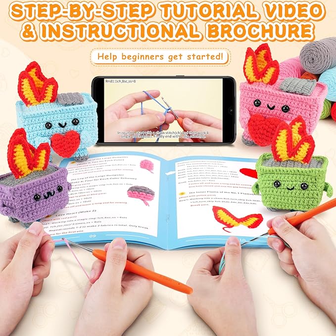 crochet kit for beginners, 4pcs dumpster fire crochet starter kit with step-by-step video tutorials, emotional positive support beginner crochet kits for adults women, funny crochet gifts valentine