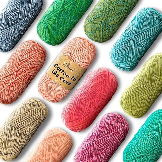 Cotton to The Core Cotton Yarn for Crocheting, 12-Pack (1704 Yds / 600G), Free Patterns, Beginners Friendly - Soft Baby Yarn for Knitting - 3 DK Light Worsted Weight - Tropical Pack