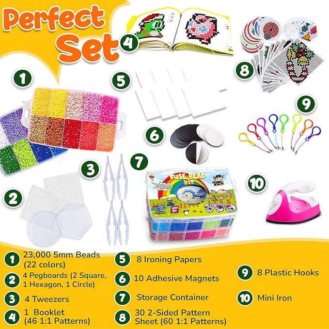 Goody King Board Fuse Beads Iron Set - Fuse Bead Kit for Kids Crafts with Bead Pegboard and Aqua Pony Beads, Pixel Art and Craft Kit (Large Set with Iron)