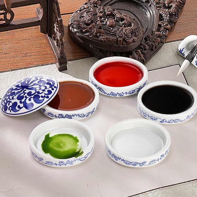 Yesland Ceramic Paint Palette, 5 Layers Stackable Mixing Trays Set, Round Porcelain Watercolor Palettes Sauce Dishes with Lid for Artist Gouache Pigment Chinese Watercolor Ink Mixing