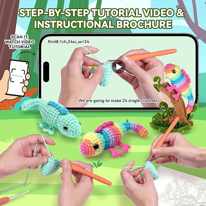 MOREJMTT Crochet Kit for Beginners, Crochet Animal Kits, Crocheting Kit for Starters, Learn to Crochet with Step-by-Step Video Tutorials, Beginner Crochet Kit for Adults(Chameleons)